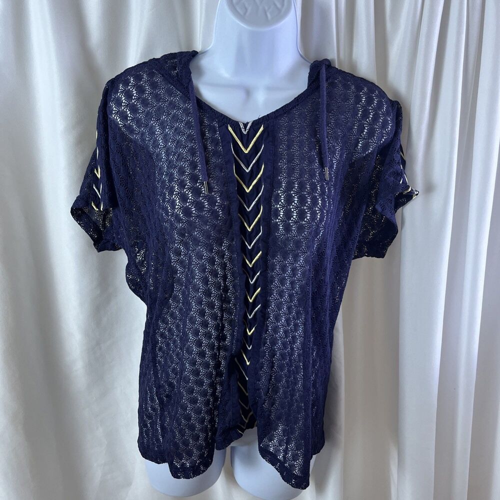 Cruel Denim Women’s Crochet Lace Open Knit Hoodie Size L Navy Blue Casual Boho
